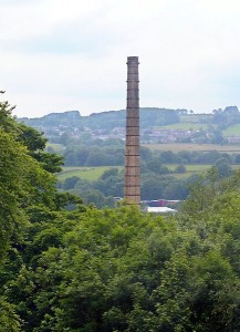 Lomeshaye Bridge Mill view to Lomeshaye Mill chimney and Pendleside